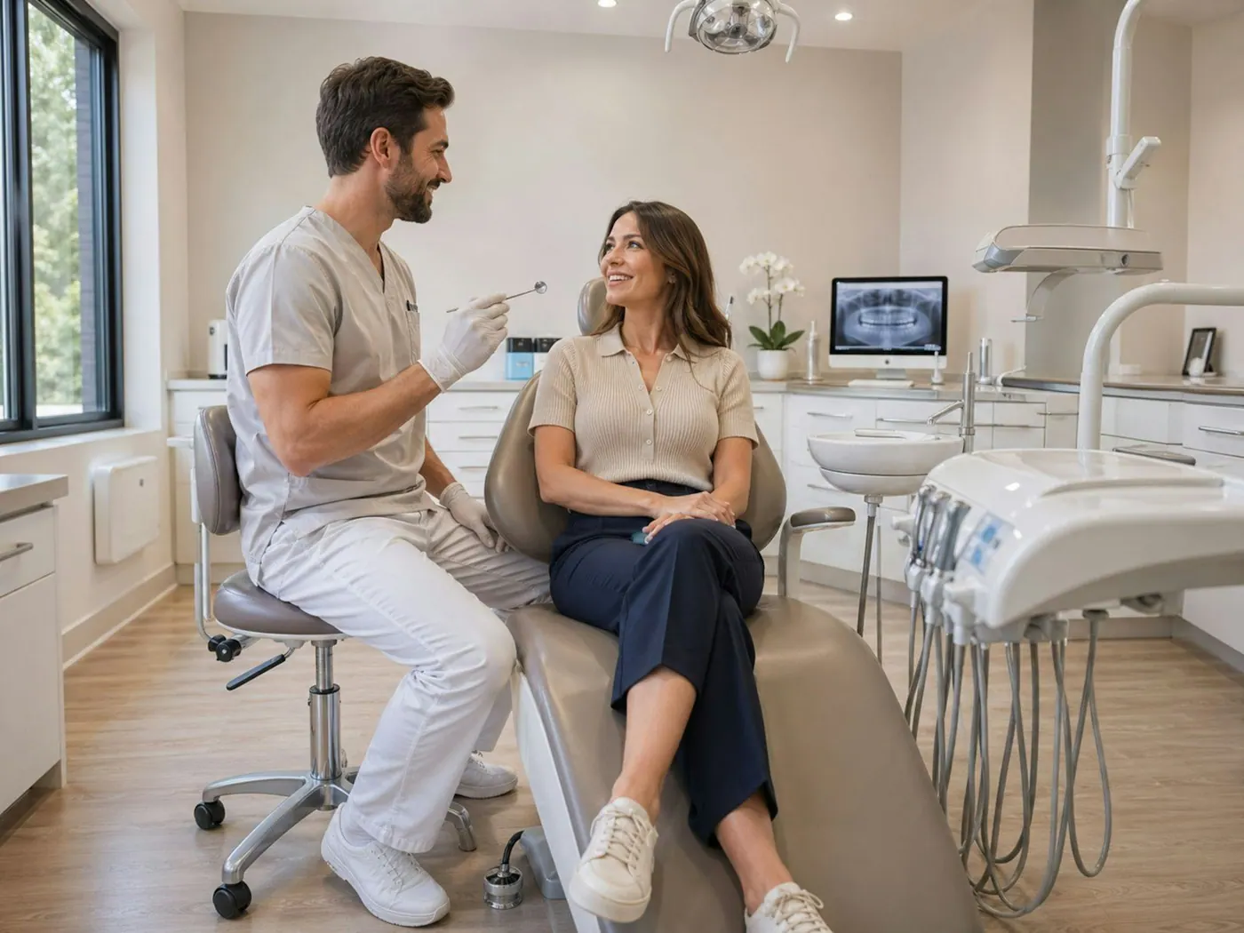 A dentist sitting beside a patient in the chair, talking through the visit before anything starts